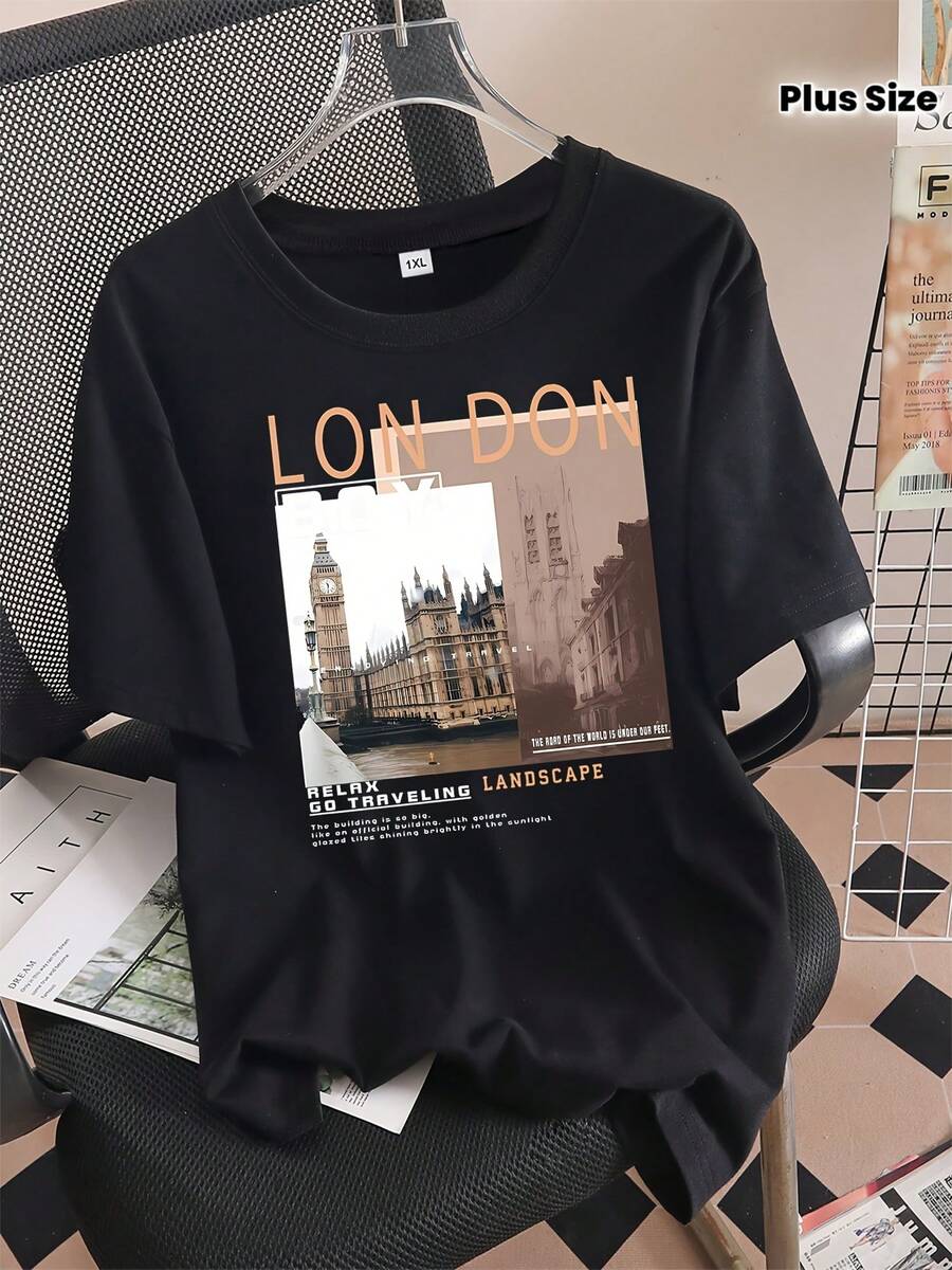 Plus Size - Plus Size - Fashionable Printed Short-Sleeve Black Round-Neck T-Shirt For Women In Plus Size - 黑色 - 查看 1