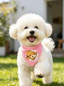 Comfortable Soft Polyester Pet Scarf, Cute Bear Head Design, Dog Accessory, Dog Supplies, Happy Dog, Cartoon Print, Suitable For Cats And Dogs For Indoor Or Outdoor Use - Pink - View 4