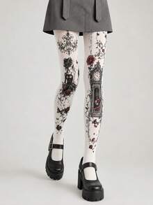 1 Stück Damen weiße Samt Leggings im Gothic-Stil mit Mädchen- & Uhren-Muster, Rosenranken Vintage Muster elastische Strumpfhose, Dark Academia Stil Frühling/Sommer Party & Alltag Strumpfhose - Weiss - Übersicht 3