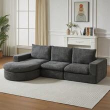 Chenille Sofa With Curved Elements And Chaise Longue, Fully Compressed And Frameless, Modular Corner Sofa With L-Shaped Chaise Longue, Compressed Foam Sofa, No Assembly Required - 灰色 - 查看 2