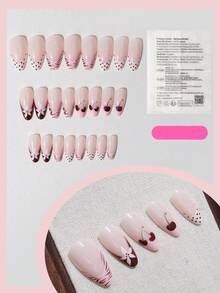 24 pièces Autocollants d'ongles pointus doux de style français cerise, design cerise + pois + floral, convient pour le port quotidien prolongé des femmes, set de faux ongles d'été - Rose bonbon - Voir 3