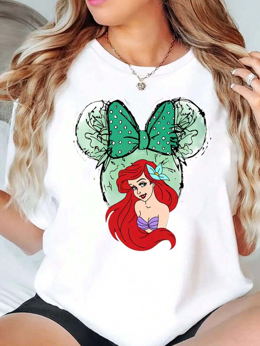 Minnie Mouse And Ariel Princess Disney Women T Shirt Round Neck Short Sleeve Casual Summer Wear For Everyday And Holiday Soft Comfortable 220g - trắng - Xem 1
