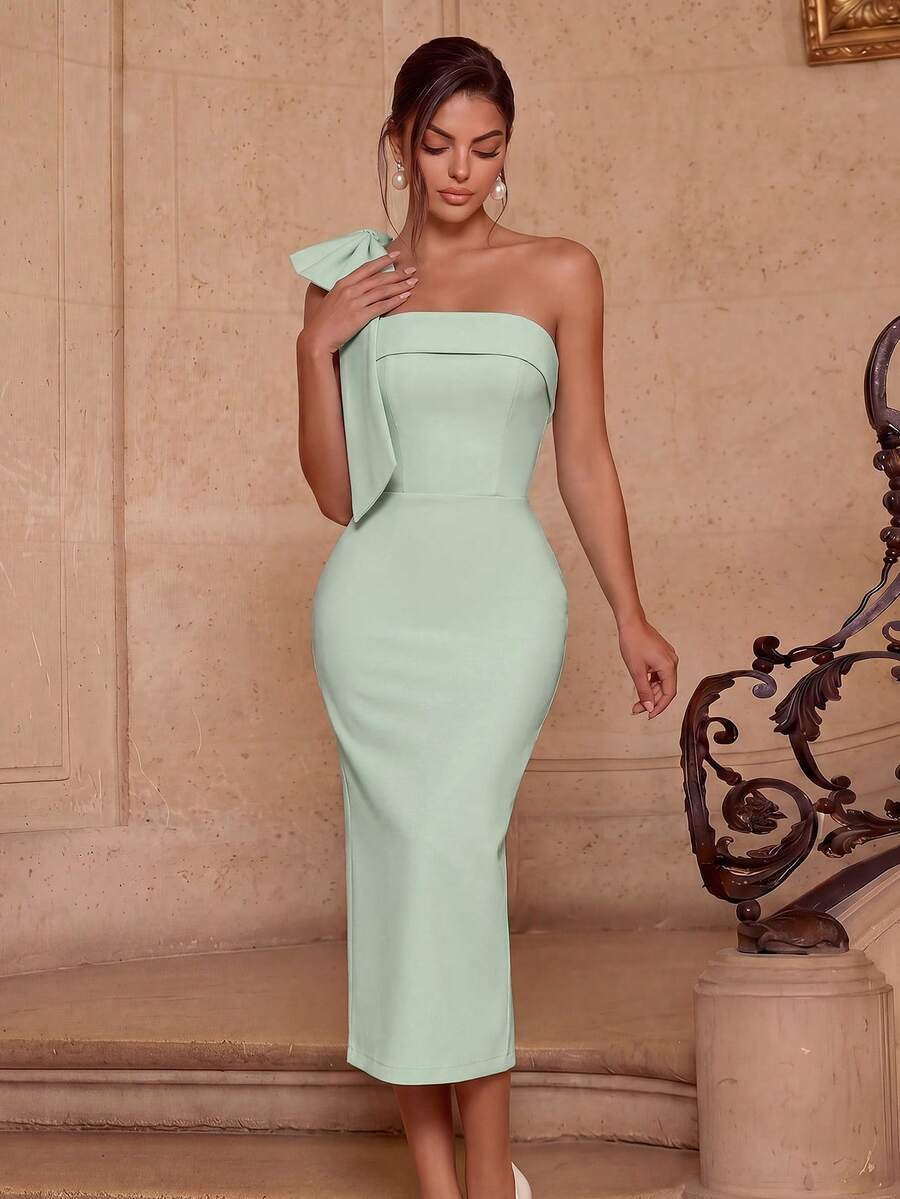 ADYCE Vestido de cóctel o fiesta de noche de largo midi, sin tirantes, con abertura en la espalda y decoración de lazo en color liso - verde claro - Ver 1