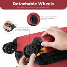 YONSLY 16 Inch Suitcase With Detachable Wheels 360° Combination Lock Double Zipper Soft Rubber Handle Trolley Travel Suitcase For Vacation - 紅色 - 查看 2