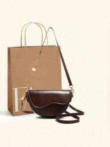 2026 New Retro Caramel Brown Molded Semi-Circle Flap Saddlebag, Versatile For Commute & Leisure, Fashionable Chain Strap Crossbody Bag - Brown - View 1