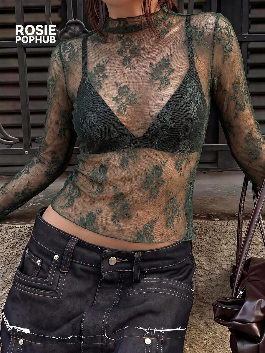 ROSIE POPHUB 女款深綠色透視刺繡蕾絲優雅性感修身網紗長袖寬鬆T恤，適合約會、日常、辦公室、夏季
