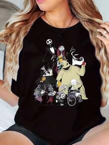 Nightmare Before Christmas Characters Printed Disney Women T Shirt Round Neck Short Sleeve Casual Wear Halloween Costume Soft Comfortable 220g - màu đen - Xem 1