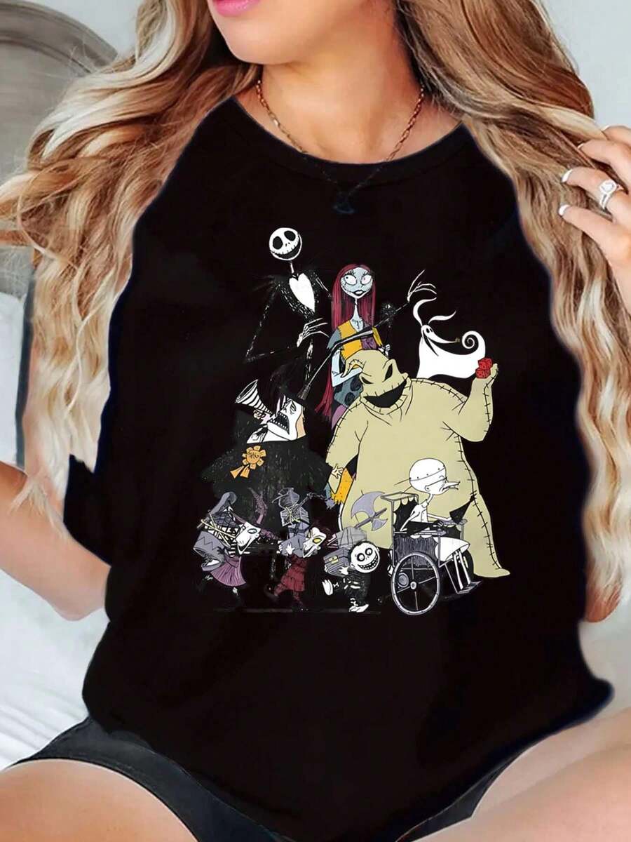 Nightmare Before Christmas Characters Printed Disney Women T Shirt Round Neck Short Sleeve Casual Wear Halloween Costume Soft Comfortable 220g - màu đen - Xem 1