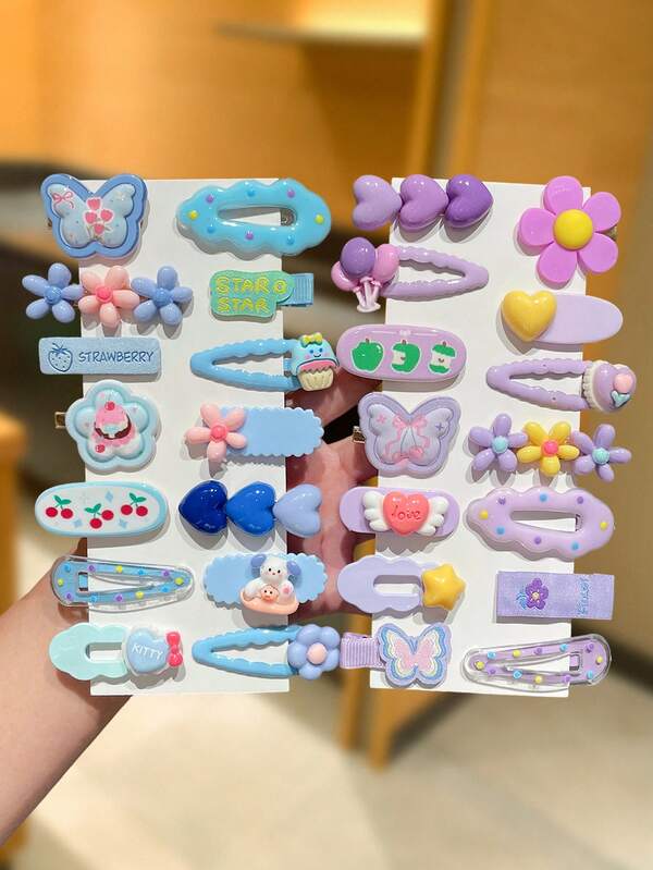 28pcs Blue & Purple Hair Clips, Cute & Sweet Style, Women Hair Accessories With Butterfly, Fruit, Animal, Heart, Bow, Flower Elements, Versatile Design Suitable For Casual, Shopping, School, Date Wear