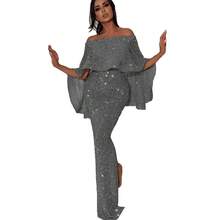 Nuevo modelo de vestido de un solo hombro con grandes volantes en la espalda, corte ajustado y abertura para uso nocturno. - Gris - Ver 1