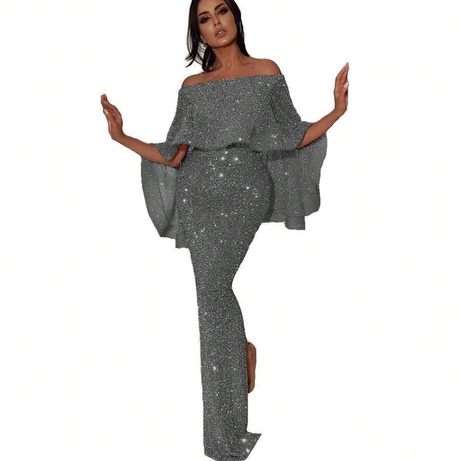 Nuevo modelo de vestido de un solo hombro con grandes volantes en la espalda, corte ajustado y abertura para uso nocturno. - Gris - Ver 1