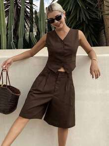 Conjunto informal de 2 piezas para mujer, nuevo diseño de verano en lino, conjunto de shorts para mujer - Café integral - Ver 5