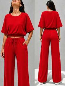 Two-Piece Loose-Fitting Straight-Leg Casual Simple Textured Fabric Faux Lace-Up Two-Piece Set Women's Casual Outfit For Home, Everyday Wear, Street Style, Airport Wear, Ideal For Year-Round Wear - 紅色 - 查看 1
