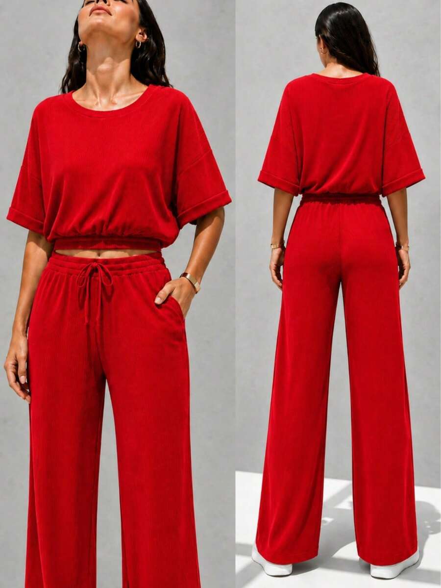 Two-Piece Loose-Fitting Straight-Leg Casual Simple Textured Fabric Faux Lace-Up Two-Piece Set Women's Casual Outfit For Home, Everyday Wear, Street Style, Airport Wear, Ideal For Year-Round Wear - 紅色 - 查看 1