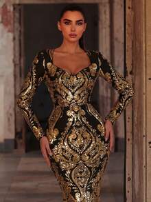 Faeriesty Đầm maxi dài tay dáng đuôi cá đính sequin lấp lánh dành cho nữ, đầm dạ hội trang trọng cổ trái tim thanh lịch, thiết kế tương phản cho đám cưới. - Vàng - Xem 4
