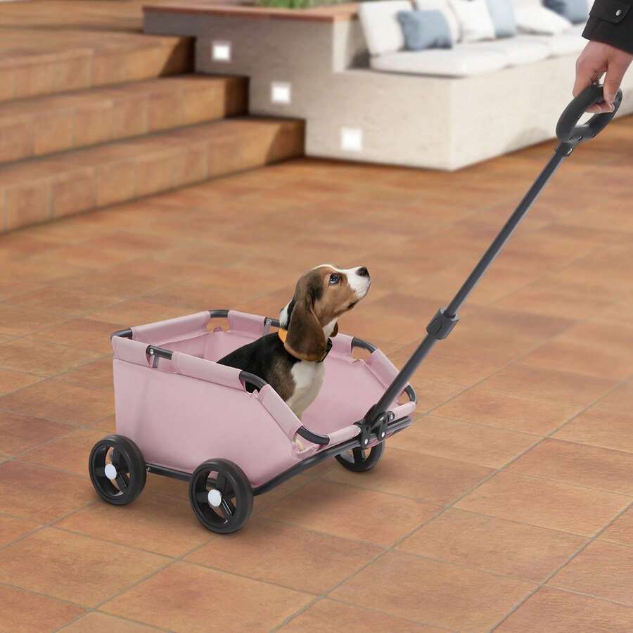 Dog & Cat Transport Cart Mini Folding Dog Stroller Pet Stroller For Travel With Extendable Pull Handle, Safety Rope & Side Pocket Pet Cart For Miniature Dogs Up To 7.5kg (Black Pink Grey) - Pink - View 1