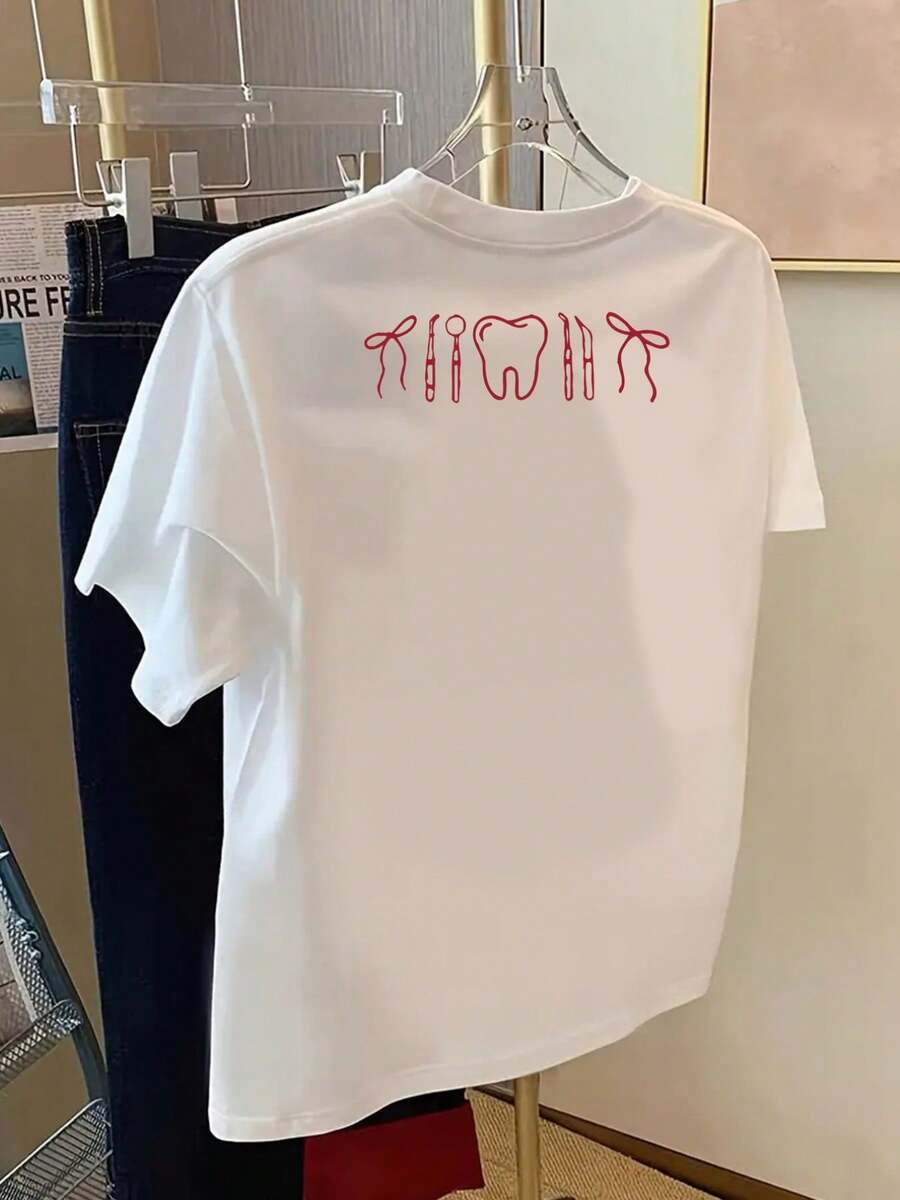 Short-Sleeved T-Shirt With Front And Back Print, Dental Health And Dental Clinic Design, Round Neck, Casual For Women - Women's Clothing, Comfortable Fit, Classic Design. - 白色 - 查看 1