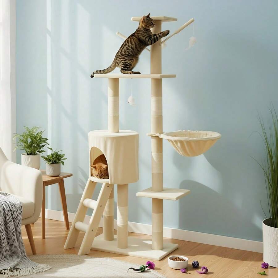 Multi-Level Wooden Cat Tree With Space Capsule & Clear Bubble Nest, Cat Tower With Sisal Scratching Posts, Perches & Hanging Toy, Stable Activity Center For Indoor Cats - Beige - View 1