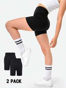 Solid Color 2pcs/Set Cycling Shorts & Yoga Leggings For Tween Girls (AZ143) - Black - View 3