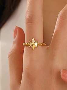 1 chiếc nhẫn điều chỉnh được bằng thép không gỉ mạ vàng 18K hình ngôi sao tối giản, phù hợp cho nữ giới đeo hàng ngày, dự tiệc và các buổi gặp gỡ. - Vàng - Xem 2