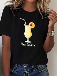 Soft T-Shirt For Women With A Tropical  Colada Design. - Black - View 1