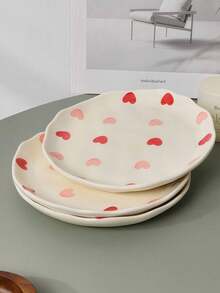 1pc/2pcs/4pcs Hand-Painted Red & Pink Heart-Shaped Ceramic Plate, Asymmetrical Wavy Edge Porcelain Dinnerware 6 Inch, Suitable For Salad, Dessert And Main Course, Cute Style Kitchen Tableware - Multicolor - View 6