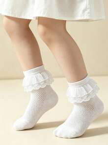 5 Pasang Kaos Kaki Dansa Katun Bernapas Berbahan Jala Warna Polos untuk Anak Perempuan, Kaos Kaki Kasual Gaya Putri dengan Hiasan Renda untuk Balita - MultiWarna - View 2
