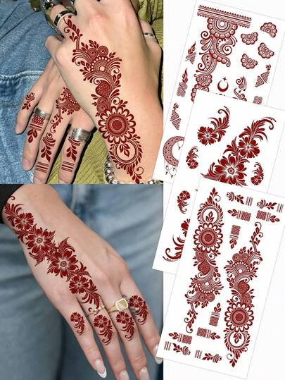 3pcs Brown Henna Hand Tattoo For Women, Flower, Moon Fake Tattoo Suitable For Wedding, Festival, Party Body Art, Waterproof Temporary Tattoo Stickers