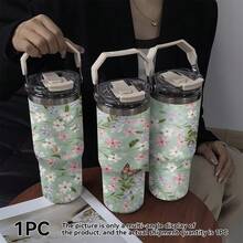 1個 30盎司 薄荷綠蝴蝶與花卉主題不鏽鋼保溫杯，甜美田園少女風設計，全天保持飲品最佳溫度 - 綠色-白花 - 查看 2