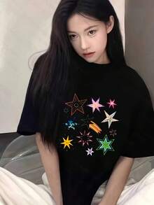 Primavera Grafica.1pac.100%Cotton.Colorful Star Pattern Mid-Length Loose Short-Sleeved Shirt, Summer Casual Y2K Style Top.Versatile.Classic - Black - View 2