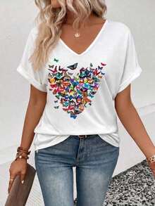 Camiseta casual y versátil para primavera/verano con cuello en V, puños acampanados y estampado degradado en forma de corazón - Multicolor 2 - Ver 5
