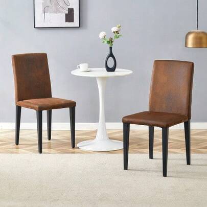 [Set Of 2 Minimalist Dining Chairs] European Style With Brown Woven Fabric: Dark Brown Technical Fabric + Black Metal Legs. Fits Perfectly In Modern Dining Rooms, Living Rooms And More.