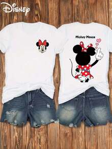 (Loose Version) Women's Cut Disney Minnie Mouse Print White Cotton Short Sleeve Round Neck Regular T-Shirt With Medium Stretch Fabric For Casual Style Is Suitable For Summer And Spring, Short-Sleeved Tops, Ladies' Clothes And Holiday Gift Party Clothes. - trắng - Xem 1