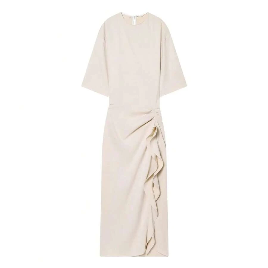 Vestido Midi de Verano para Mujer, Nuevo Estilo, Cuello Redondo, Plisado, Manga Corta, Cintura Ajustada, Casual,, con Cierre Lateral y Botones, Color Sólido - Albaricoque - Ver 1