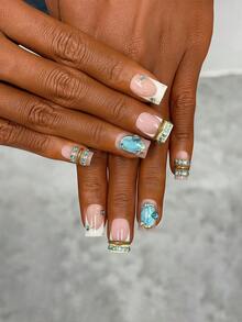 10pcs Y2K Nails Square Press On Nails Set - Handcrafted, Pink Nails, Gold Nails, White French Tip Nails, Handmade 3D Gold Ring And Blue Rhinestone Ring Design, 3D Jewelry Nails Art, Hand Drawn Blue Cat's Eye And Gold Pattern Design - Multicolor - View 3
