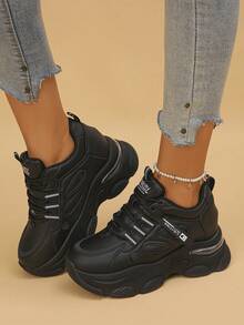 Women's Platform Sneakers, Casual Lace-Up Letter Print Sporty Trainers, Suitable For Spring And Autumn - Black - View 4