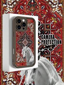 1 Piece Phone Case With A White Horse Design On An Ornamental Carpet Background In Red And Gold Tones, Classic And Elegant Style Ideal For Lovers Of Traditional Art And Sophistication, Soft TPU, Full Impact And Anti-Slip Protection, Compatible With IPhone 17 ProMax/16/15/14/13/12/11/Plus/Pro/ProMax, Compatible With Galaxy A34/A35/A54/A55, Galaxy S20/S21/S22/S23/S24/S25 Ultra/Plus, Compatible With Galaxy//Honor// - 棕色 - 查看 2