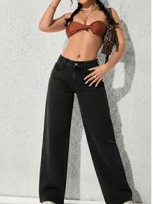 Women's Wide Leg Jeans, High Waist, No Lycra, Premium Style, Sophisticated, Comfortable, Elegant, Plus Size - 黑色 - 查看 3