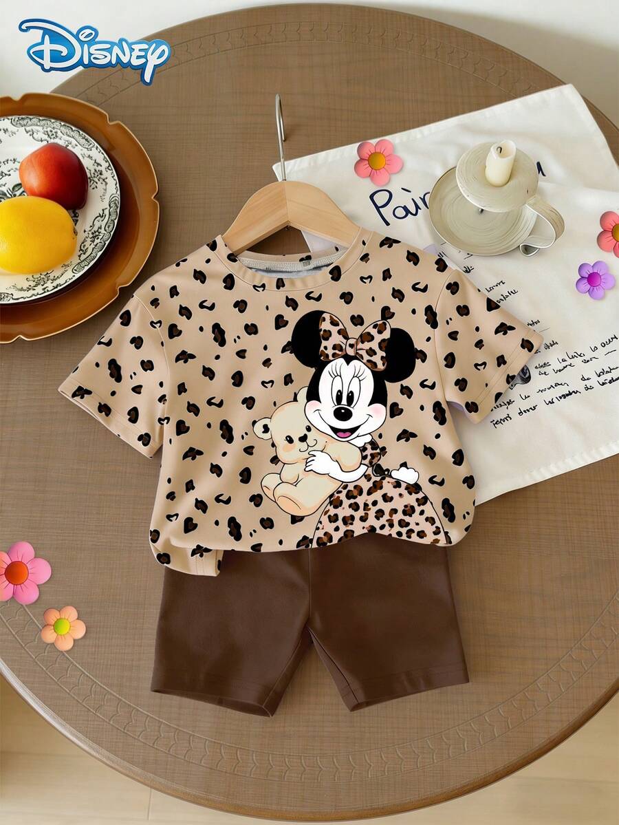 Disney 迪士尼女婴米奇米妮豹纹短袖T恤和纯色弹力腰短裤套装,可爱夏季休闲度假装 - 咖啡棕 - 查看 1