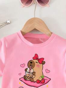Baby Girl Cartoon Print Short Sleeve Top And Solid Color Denim Shorts - Pink - View 3