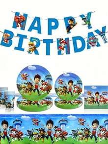 1/10/20pcs/Set Paw Patrol Cartoon Birthday Party Decoration Supplies Paper Plate Flag Pulling Tableware Festival Event Decoration Set - Multicolor - View 2