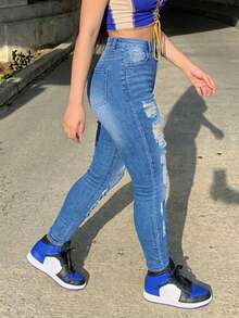 Women's Sexy Distressed Skinny Jeans, Long Length, Medium Stretch, Zipper Closure, Y2K Style - Medium Wash - View 4