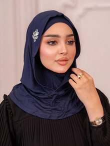Ready To Wear Modest Breathable Stretchy Jersey Fabric Pull-On Headscarf With Heavy Leaf Rhinestone Embellishment, Double Layer With Inner Lining Cap, Instant Hijab - Multicolor - View 11