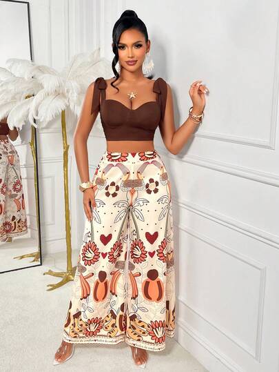 Elegante conjunto de 2 piezas de mujer con top corto de tirantes finos con detalle de lazo fruncido y falda larga con estampado floral, tela sin estiramiento