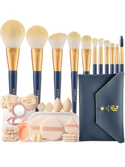 Bộ dụng cụ trang điểm 29 món tất cả trong một, 11 cọ trang điểm mềm, túi đựng, mút trang điểm, bông phấn nhiều loại, băng đô tóc, dây đeo tay, dụng cụ vệ sinh cọ & gương mini, bộ làm đẹp di động hàng ngày