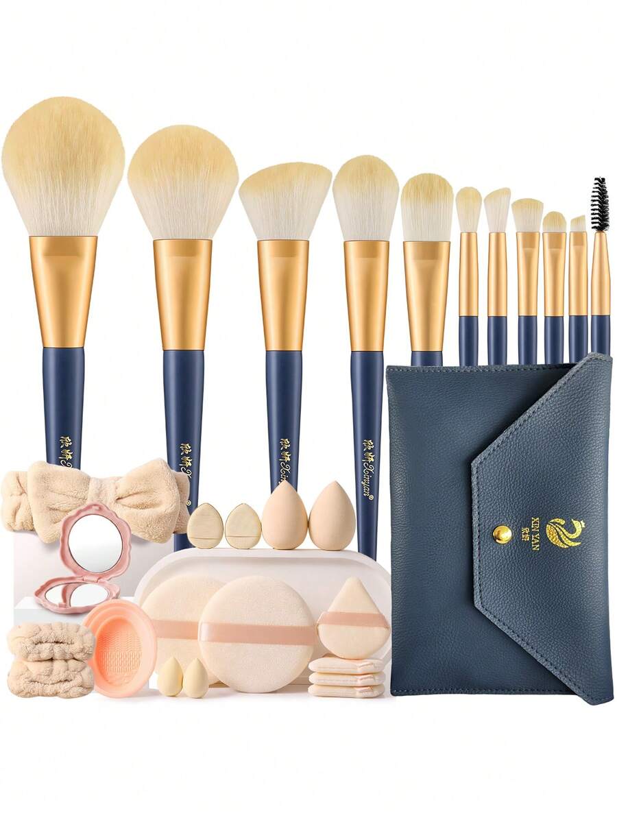 29 piezas Juego de herramientas de maquillaje todo en uno, 11 piezas Brochas de maquillaje suaves, Bolsa de almacenamiento, Esponjas de maquillaje, Borlas de polvos de varios tipos, Diadema, Correas para la mano, Limpiador de brochas y mini espejo, Kit de belleza diario portátil - Multicolor - Ver 1
