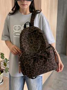 Retro American Baddie Style Deep Brown Leopard Print Backpack, Front Pocket With Bow Tie Design, Side Zipper Pocket, Large Capacity Versatile, Student Commute Travel Casual Backpack - Multicolor - View 3