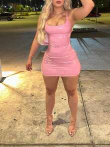 Vestido ajustado y con tirantes para mujer, para vacaciones, de cumpleaños, cita, estilo dulce rosa, elegante de verano - Marrón - Ver 4