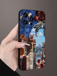 Moroccan Culture Collage With Traditional Food, Textiles And Arabic Calligraphy Pattern Design Theme Luxury Shockproof Aesthetic Cute Phone Case,Lens Protrusion Protection , Compatible With For IPhone 17/17Pro/17Pro Max, 16,15,14, 13, 12, 11 Plus/Pro Max And Series,And Compatible With For Galaxy S/A Series -, Gift For Easter Day, Christmas Halloween Decoration/Gift For Birthday, Girlfriend, Boyfriend, Friend Or Yourself. - Black - View 3
