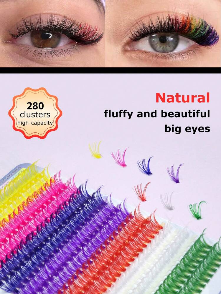 280pcs/Set Colorful Mixed D-Curl Fluffy Lengthening False Eyelashes, Soft Handmade Delicate Segmented Lashes For Cosplay, Stage Makeup, High Volume - View 5
